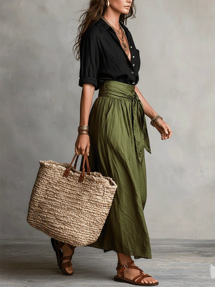 Relaxed fit women's green maxi skirt set featuring a button-front top and tie-waist skirt, ideal for brunch.