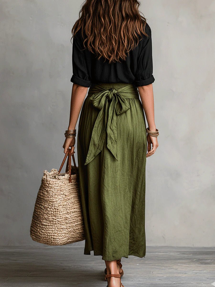 Effortless women's casual chic green two-piece maxi skirt set with a button-front blouse & flowing skirt.
