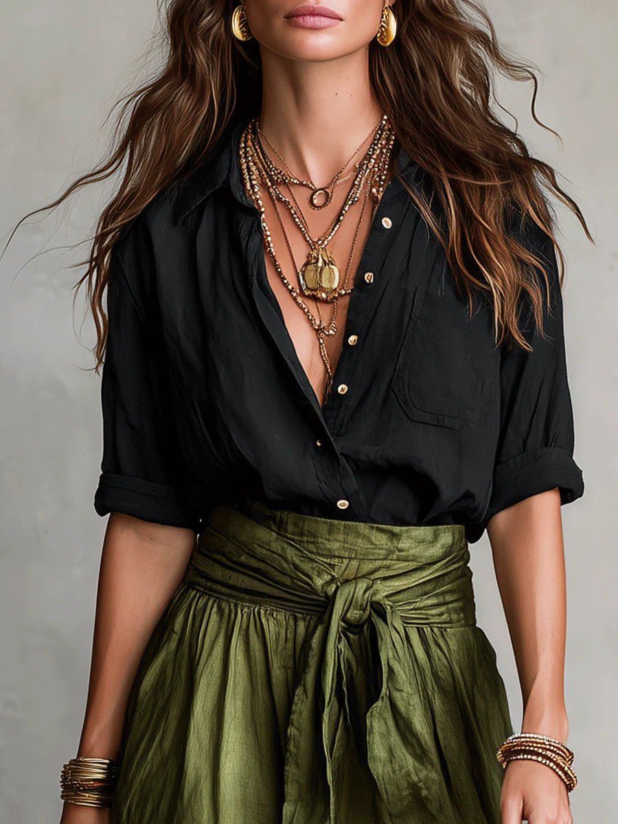 Green women's two-piece set: a button-front shirt & tie-waist maxi skirt. Versatile for resort or casual wear.