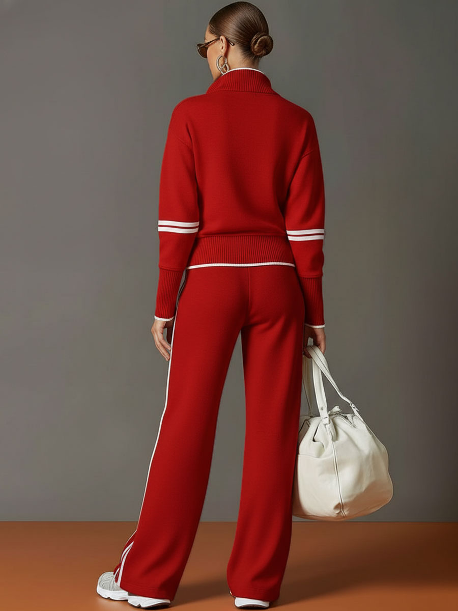 Essential women's everyday fashion: half-zip sweatshirt and wide-leg trouser matching outfit.