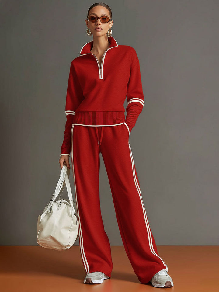 Relaxed fit women's half-zip sweatshirt & wide-leg trouser set, ultimate comfort and stylish look.