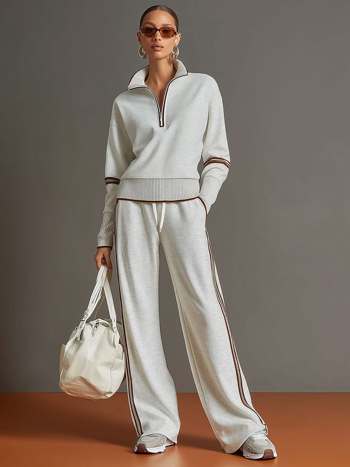 Extremely comfortable women's matching set with a half-zip top and relaxed wide-leg pants.