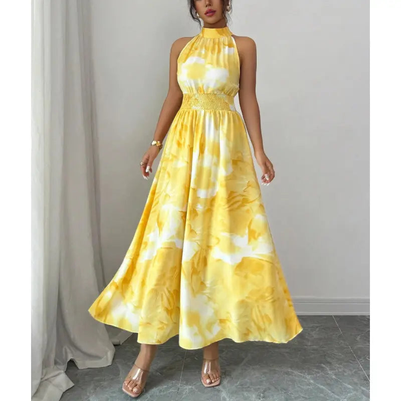 Flowy women's halter neck maxi dress with comfortable smocked waist, a stylish and versatile summer party dress.
