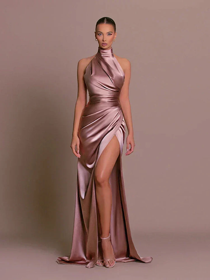 Women's halter neck ruched maxi dress, high split. Elegant formal evening gown for special occasions.