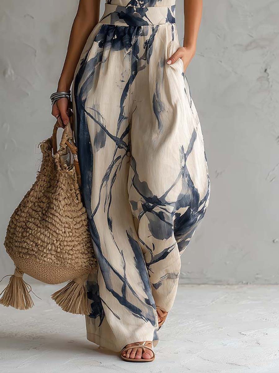 Chic women's halter neck wide leg jumpsuit with pockets, a comfortable and stylish outfit for spring and summer.