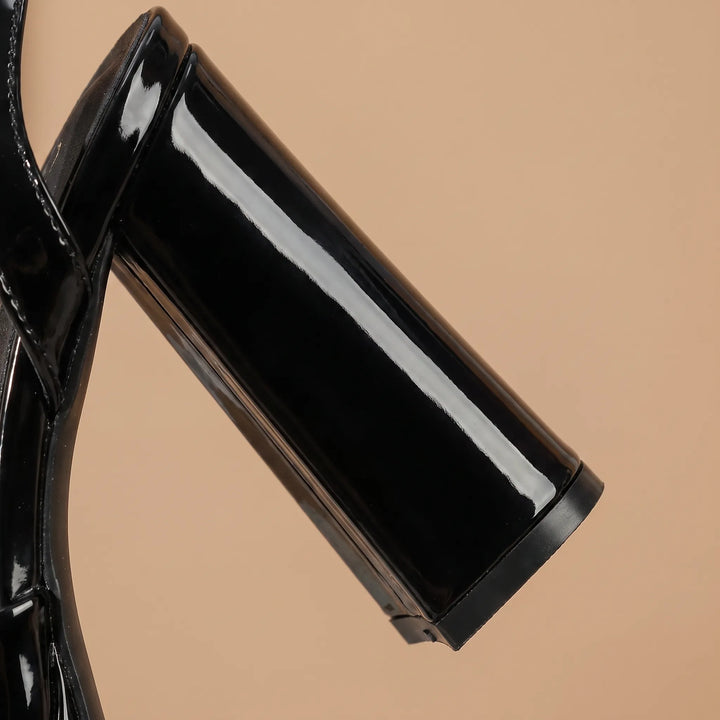 Glossy black high heel platform sandals for women, featuring a chunky block heel, ideal for evening parties.