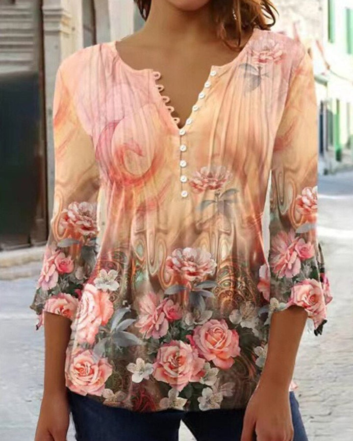 Casual yet elegant women's Henley blouse, button front, with delicate lace long sleeves.