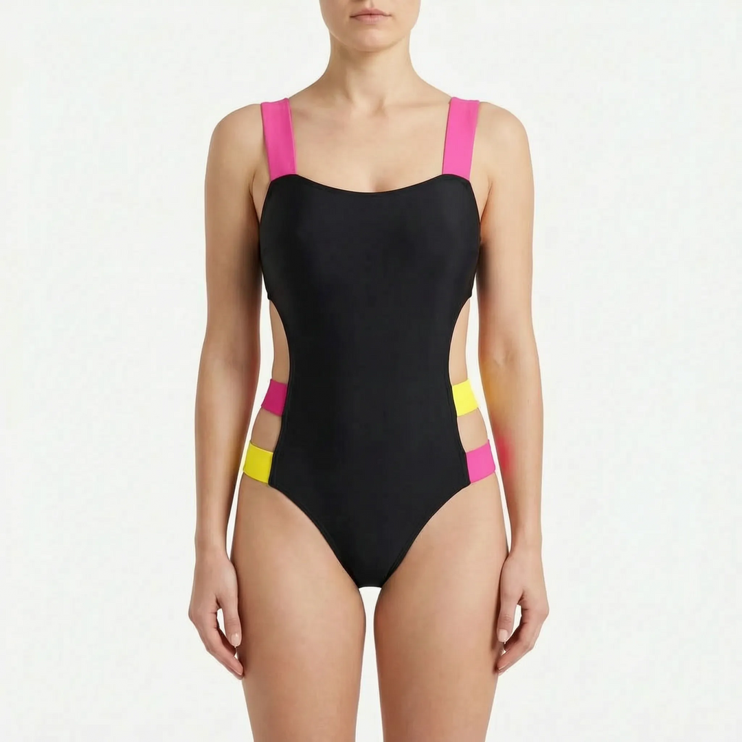 Contemporary women's monokini with a high-cut leg, sleek cutouts, and a daring, flattering silhouette.