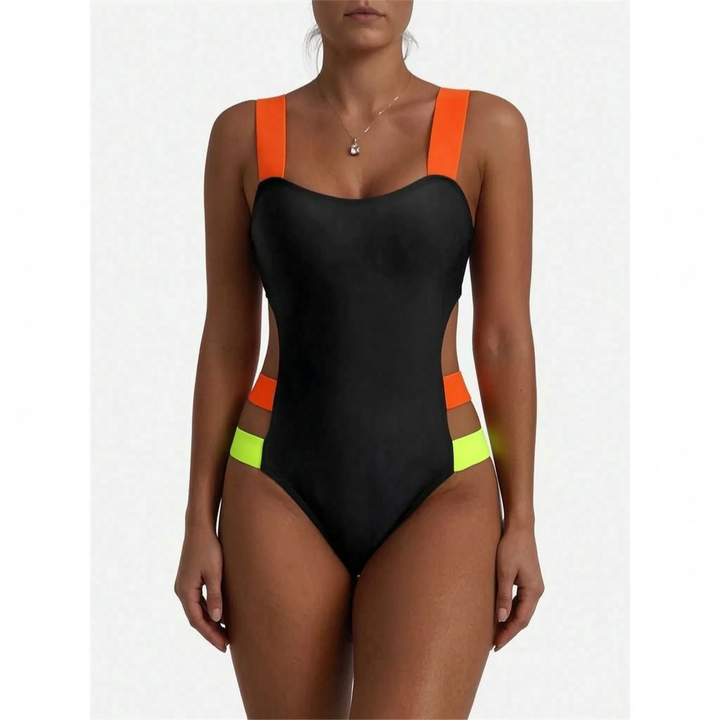 Fashion-forward women's high-cut monokini, a one-piece cutout swimsuit ideal for a striking beach vacation.