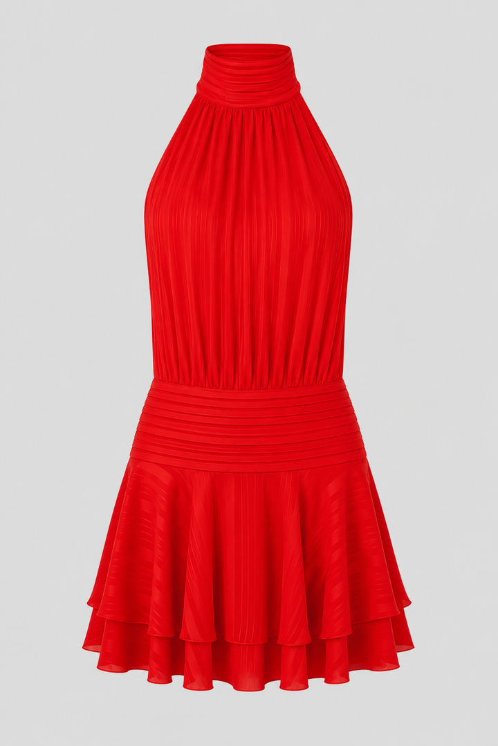 Sophisticated formal mini dress for women, high-neck halter and pearl details, an elegant party choice.