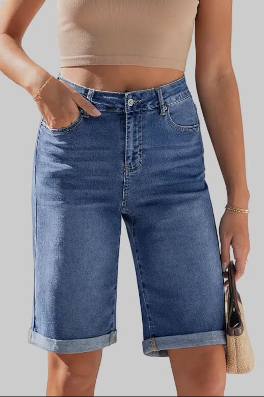 Modern high-rise long shorts for women, designed for comfortable, versatile & chic everyday summer fashion.