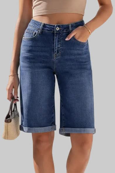 Women's casual high-rise long shorts, a versatile bottom for summer fashion and everyday wear.