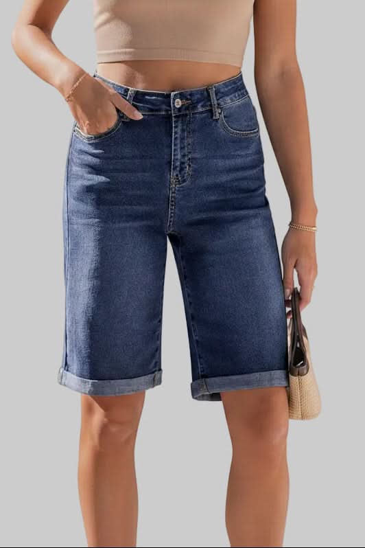 Stylish women's high-rise long shorts, a chic & comfortable bottom for summer fashion & everyday wear.