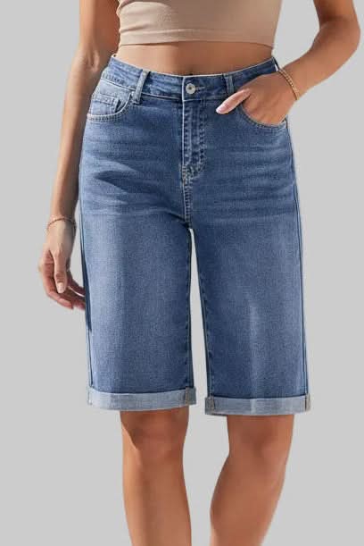 Women's high-rise long shorts, offering a relaxed fit for chic, versatile everyday summer fashion.