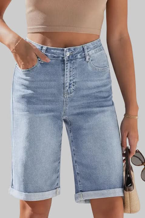 Casual women's high-rise long shorts, essential summer fashion bottoms with a relaxed, versatile fit.
