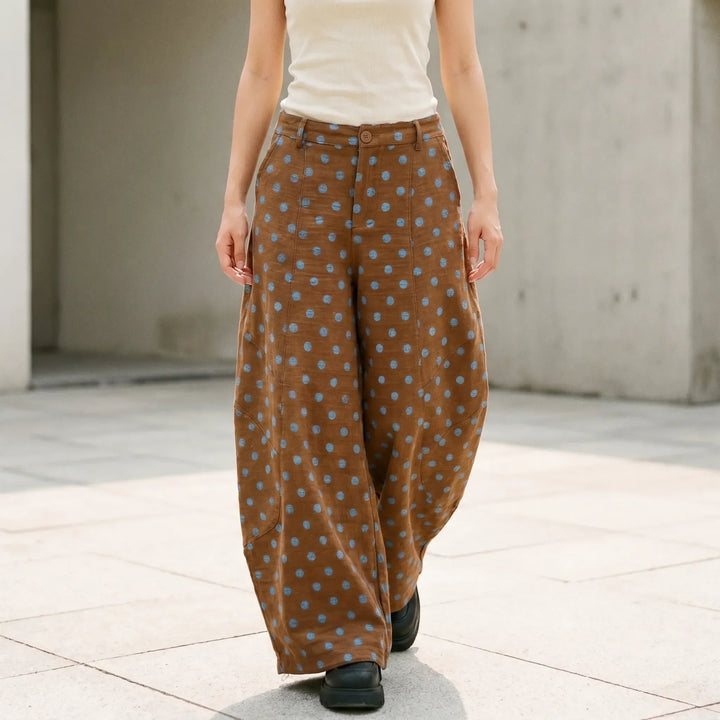 Women's high-rise polka dot wide barrel-leg pants. Stylish & comfortable for casual spring/summer outfits.