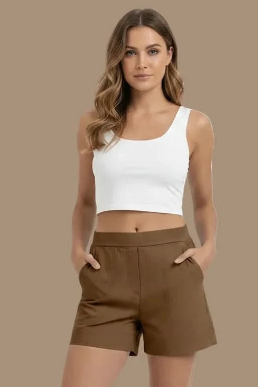 Figure-flattering women's high waist active shorts. Great for gym, running, or relaxed everyday wear. Soft, flexible fabric.