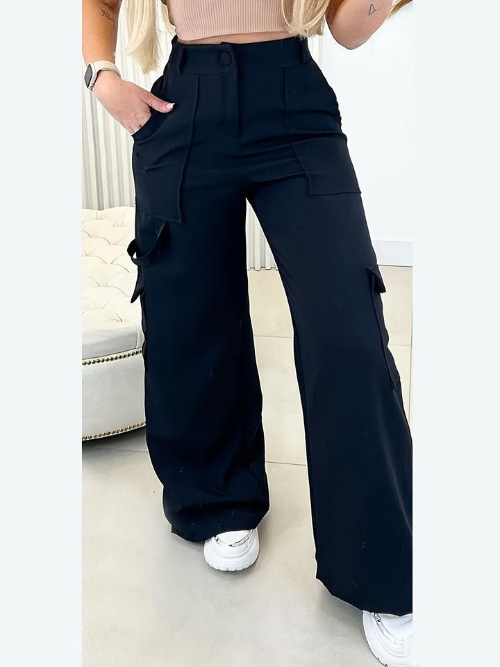 Women's high waist black cargo wide leg pants, perfect for casual fashion & streetwear. Comfortable and trendy.