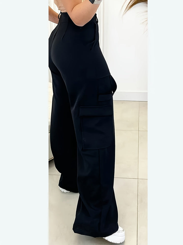 Stylish women's black wide leg cargo pants with a high waist, ideal for effortless casual fashion & streetwear looks.