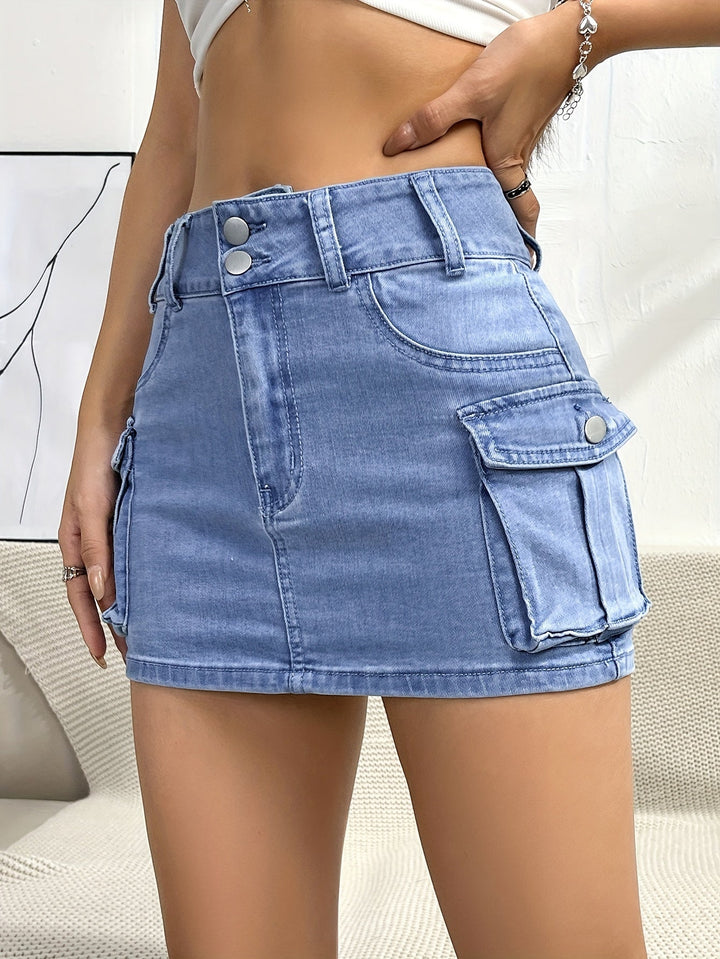 Blue denim-style high waist cargo mini skirt, perfect for a chic casual outfit.