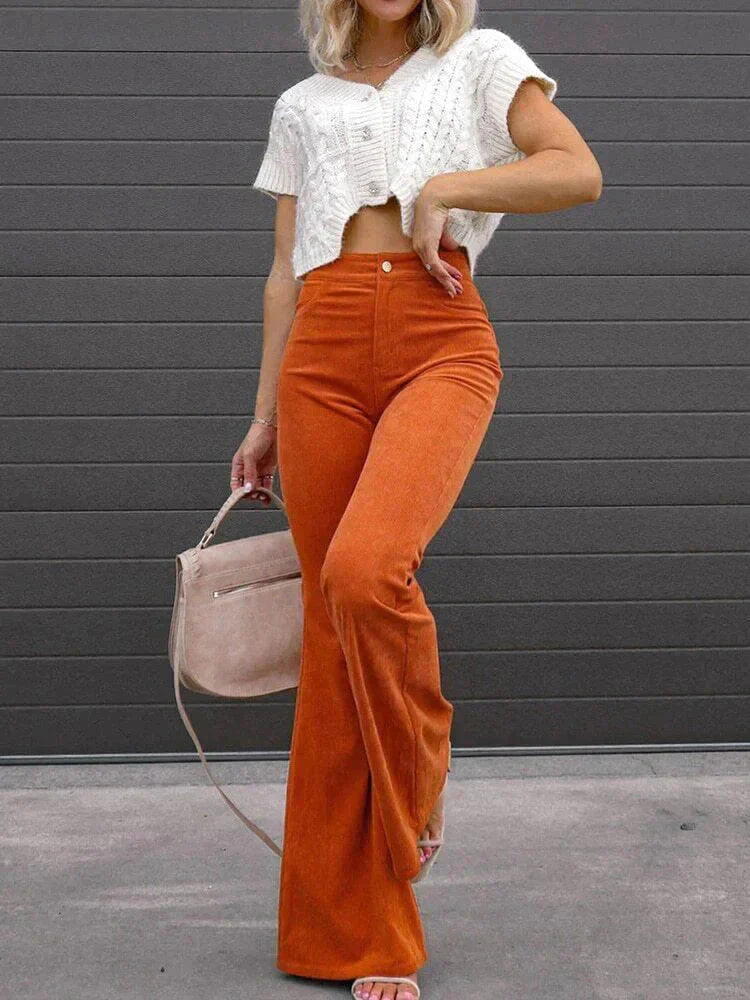 Comfortable women's high waist flare pants with pockets, ideal for relaxed everyday wear & casual outings.