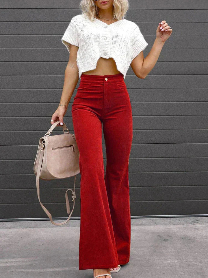 Versatile women's high waist flare pants with pockets, offering all-day comfort for work or leisure activities.