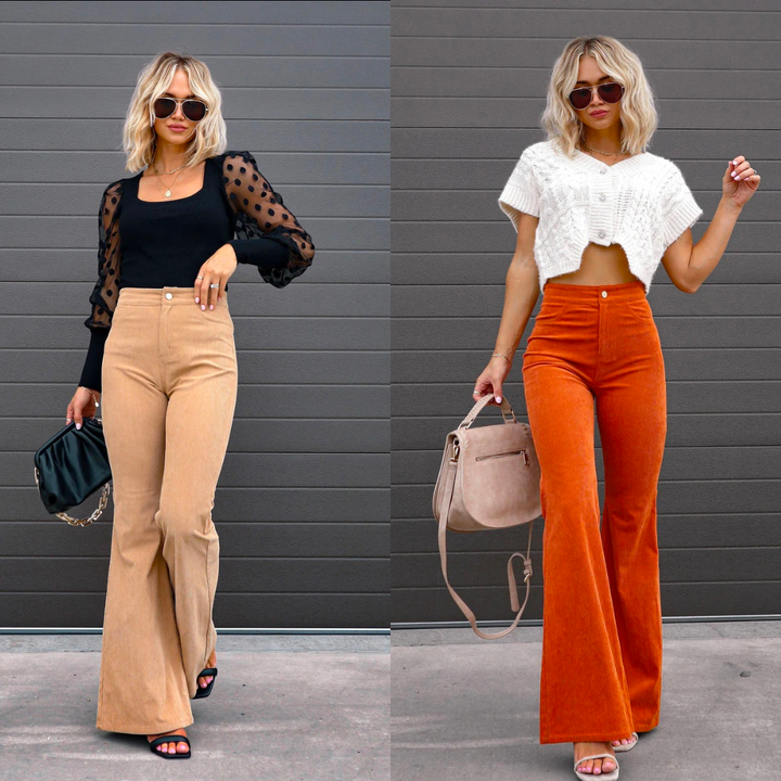 Versatile women's high-waist ribbed flared pants, Kristin trousers, easily dressed up or down for any occasion.