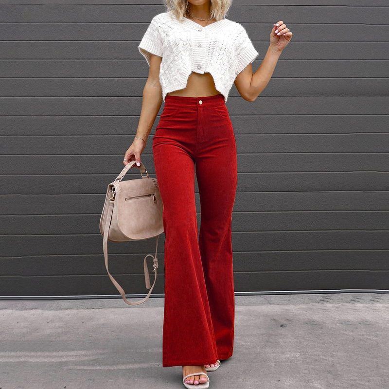 Close-up of the soft ribbed texture on Kristin women's high-waist flared pants, embodying retro fashion.