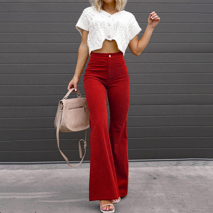 Close-up of the soft ribbed texture on Kristin women's high-waist flared pants, embodying retro fashion.