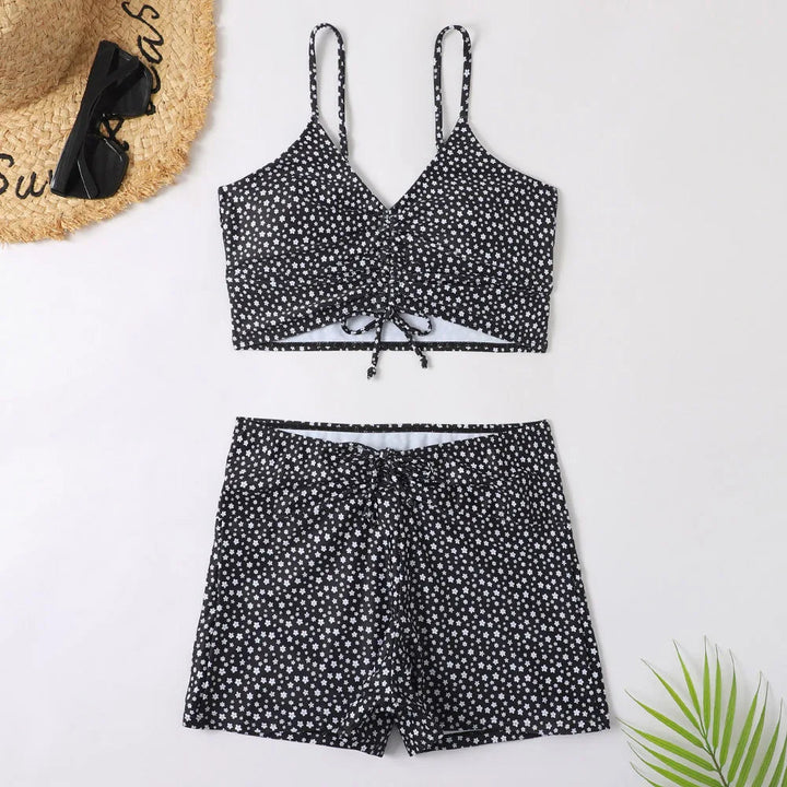 Classic high-waist floral bikini set, flattering women's swimwear with supportive top.