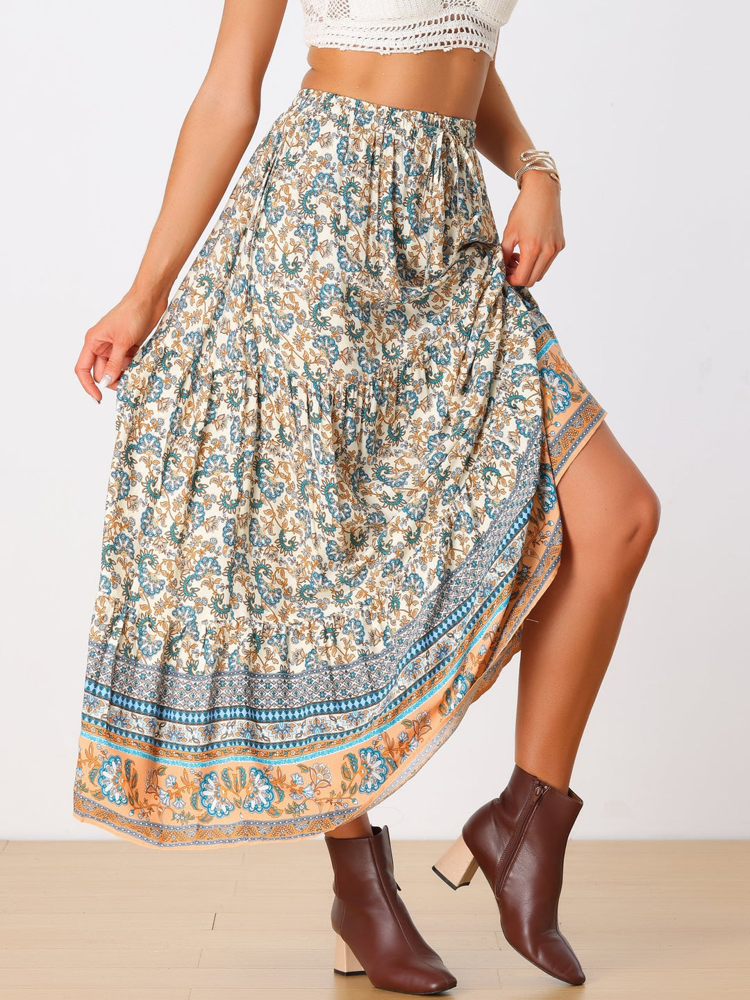 Women's high waist printed maxi skirt with flowing side slit, perfect for summer casual chic.
