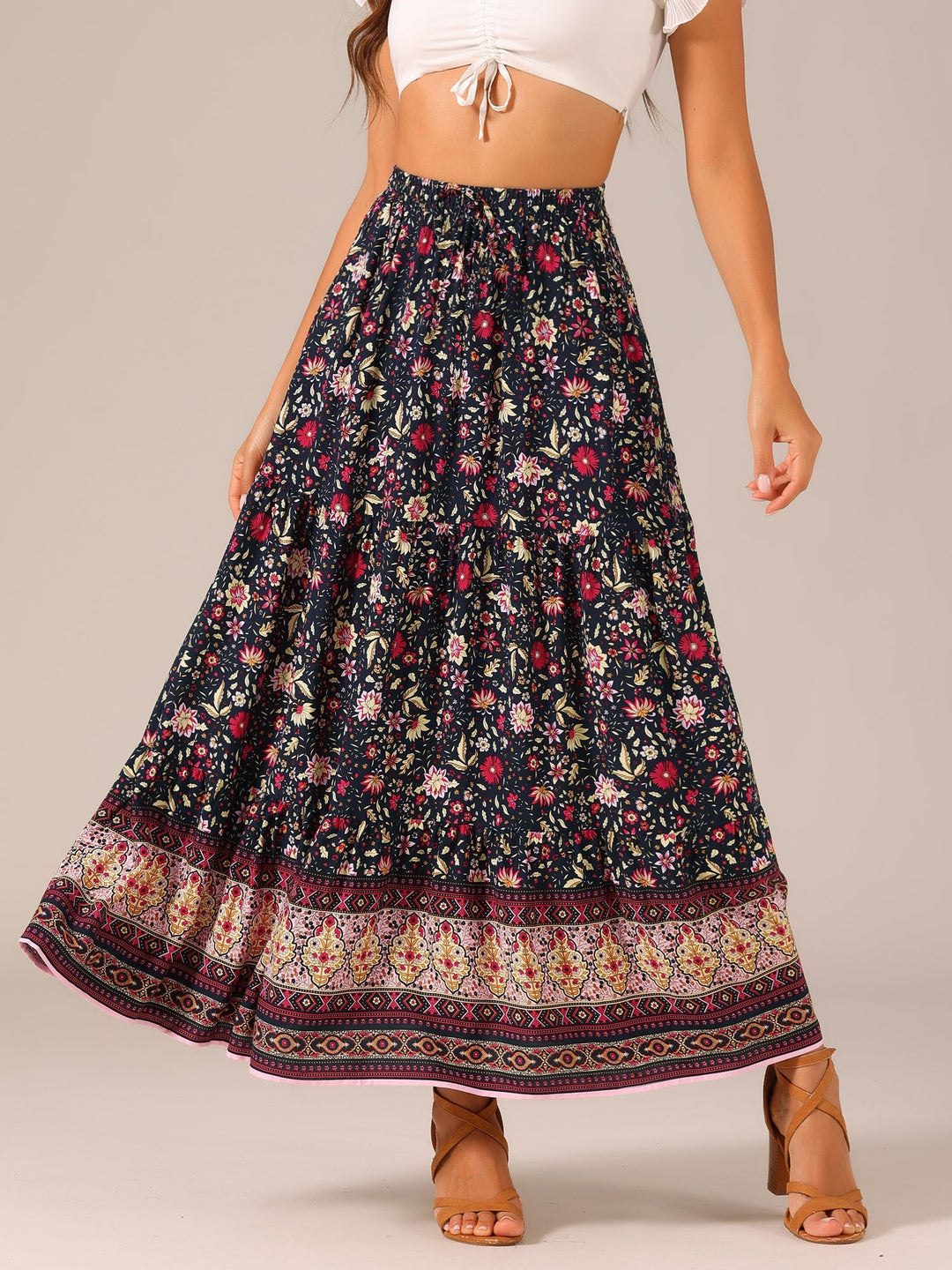 Effortless chic high waist printed maxi skirt, women's flowing side slit design.