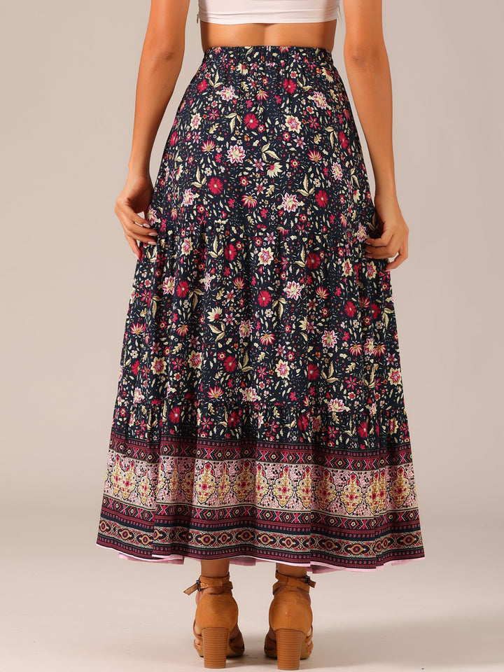 Summer vacation women's high waist printed maxi skirt, stylish with a side slit.