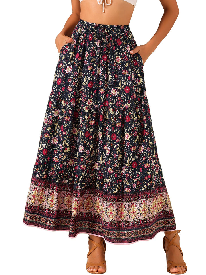 Elegant women's maxi skirt, high waist & vibrant print with a flowing side slit.