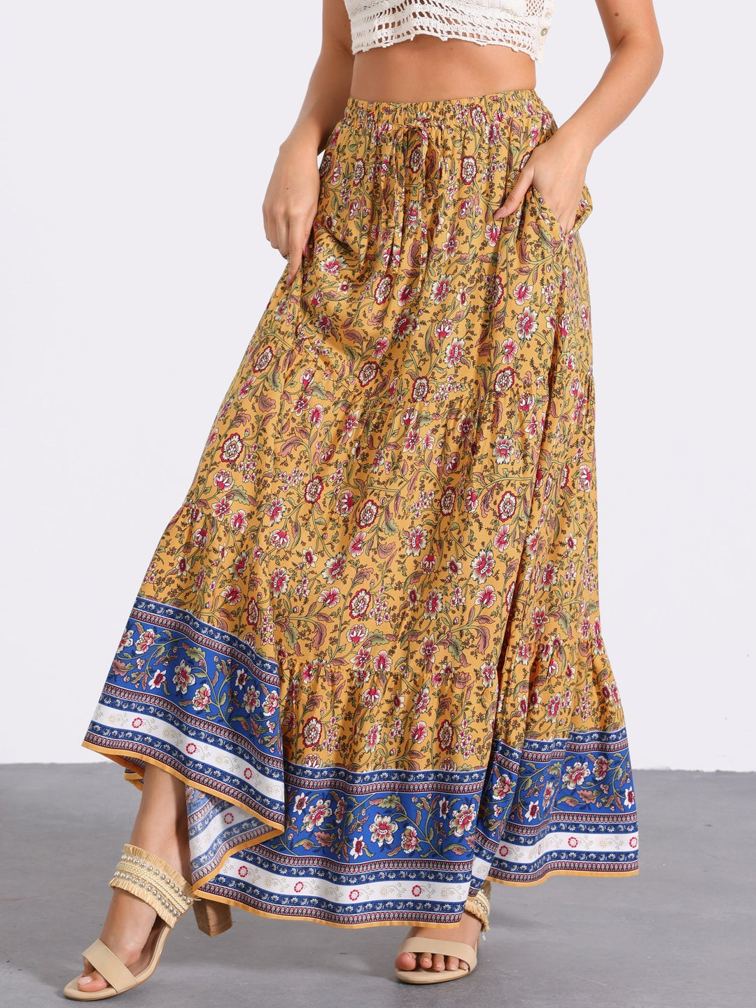 Women's high waist printed maxi skirt, flowing side slit adds a touch of chic.