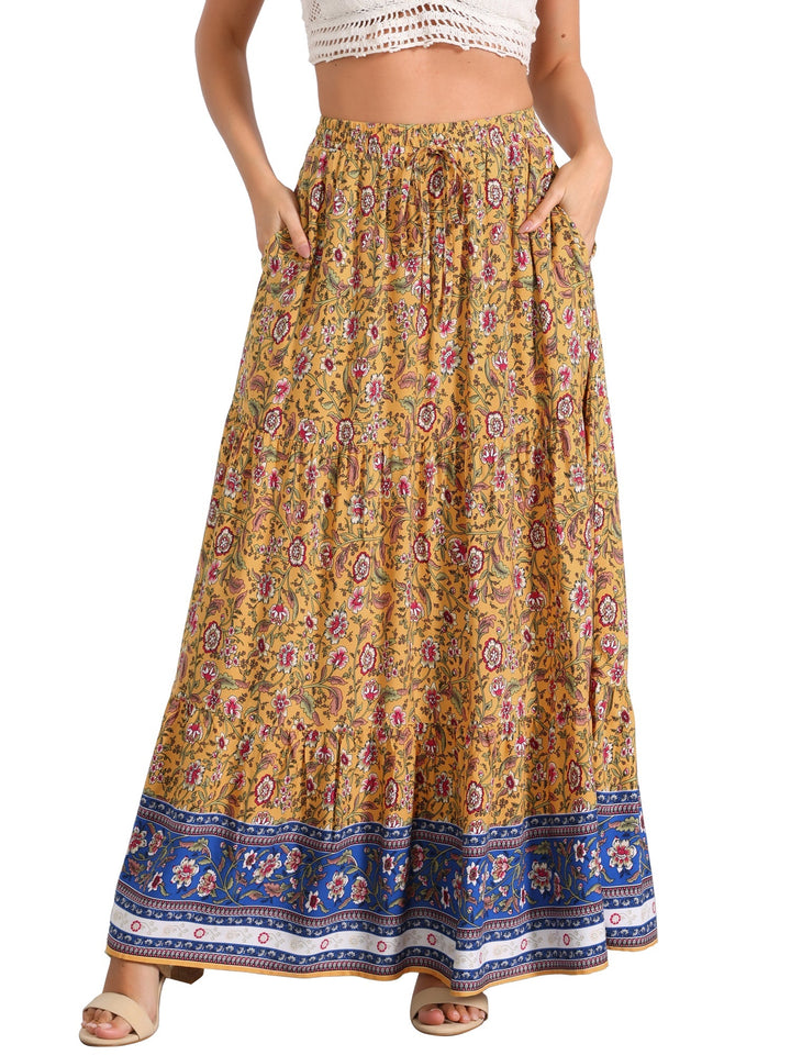Festival fashion women's high waist printed maxi skirt with a dramatic side slit.