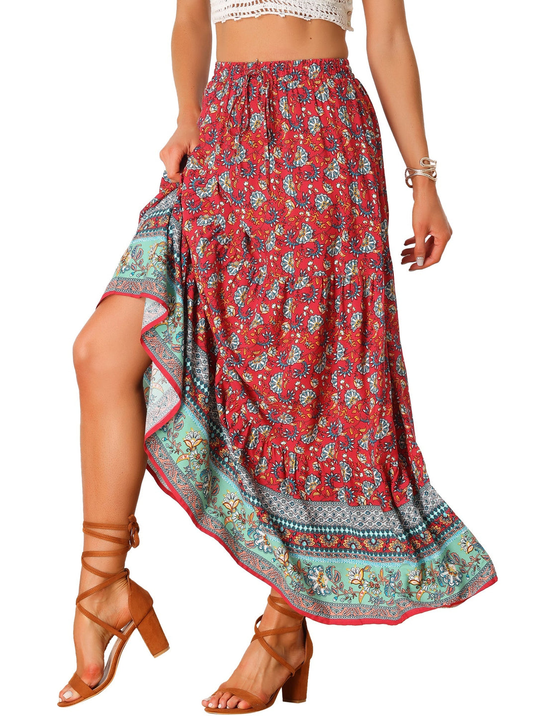 Casual high waist women's maxi skirt, printed design & a flowing side slit for ease.