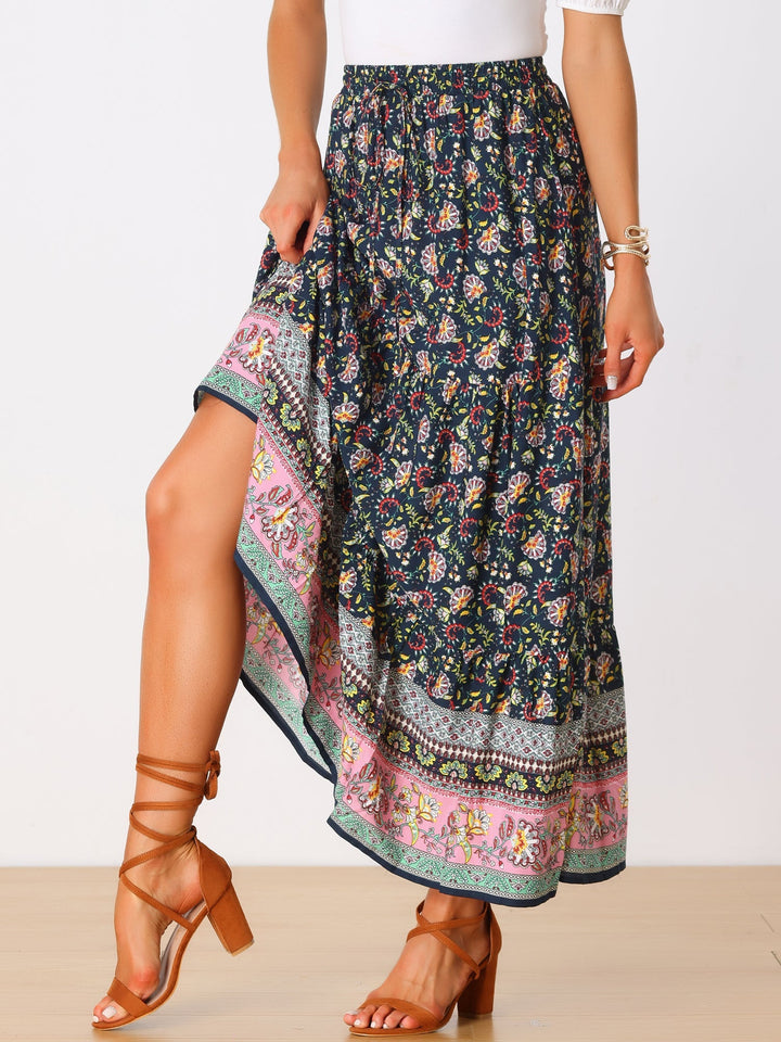 Printed maxi skirt for women, high waist, flowing fabric, and a stylish side slit.