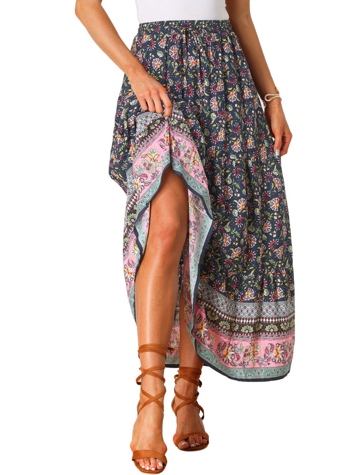 Summer vacation women's high waist maxi skirt with a beautiful printed design & slit.