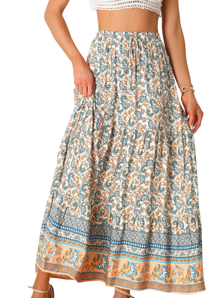 Chic women's high waist printed maxi skirt with a flowing side slit, ideal for vacation.