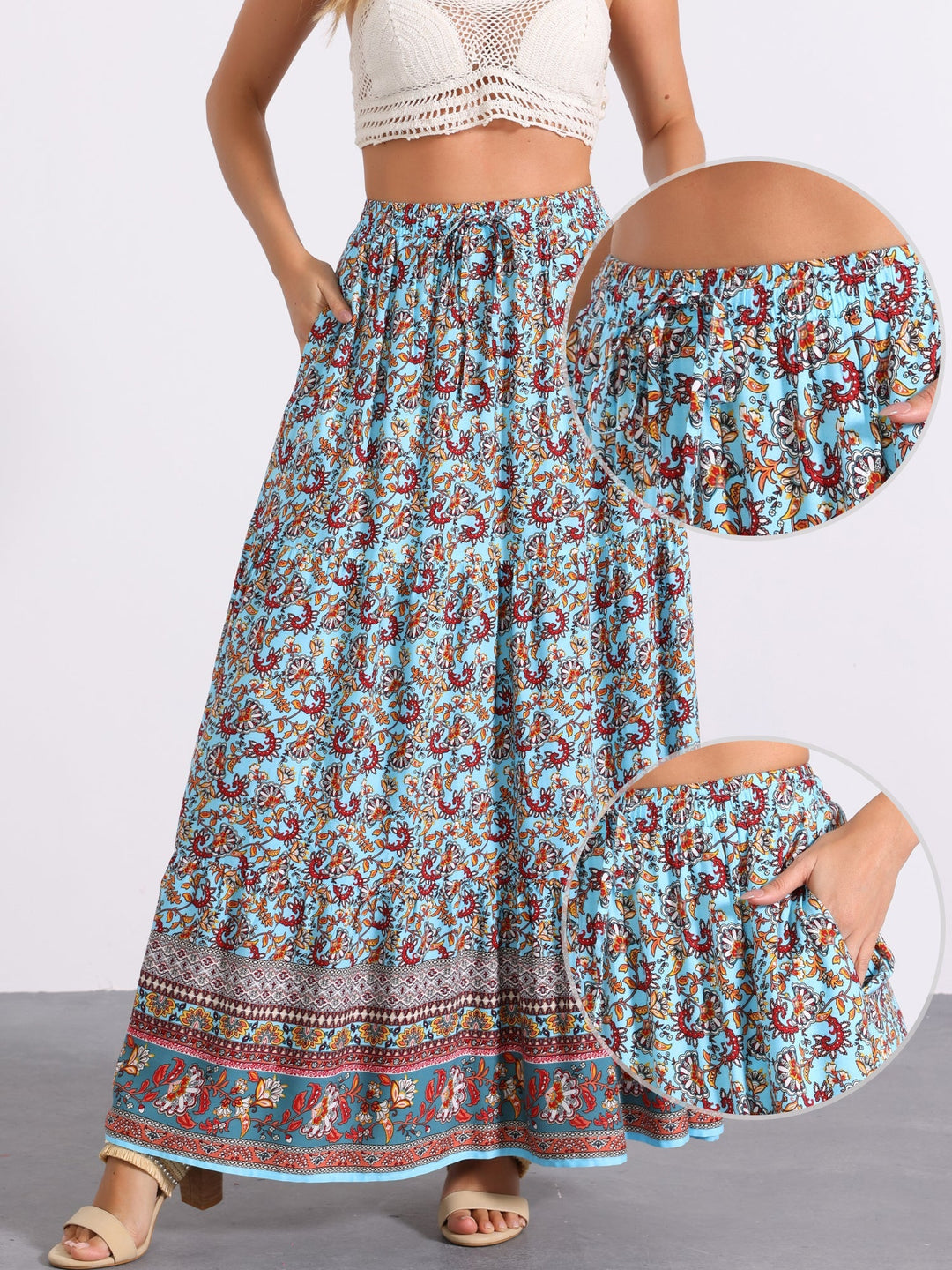Festival women's high waist printed maxi skirt, flowing side slit for free movement.