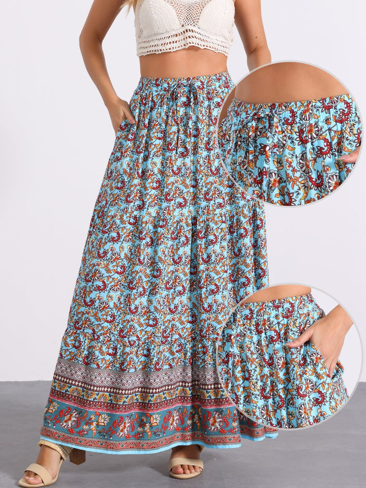 Festival women's high waist printed maxi skirt, flowing side slit for free movement.