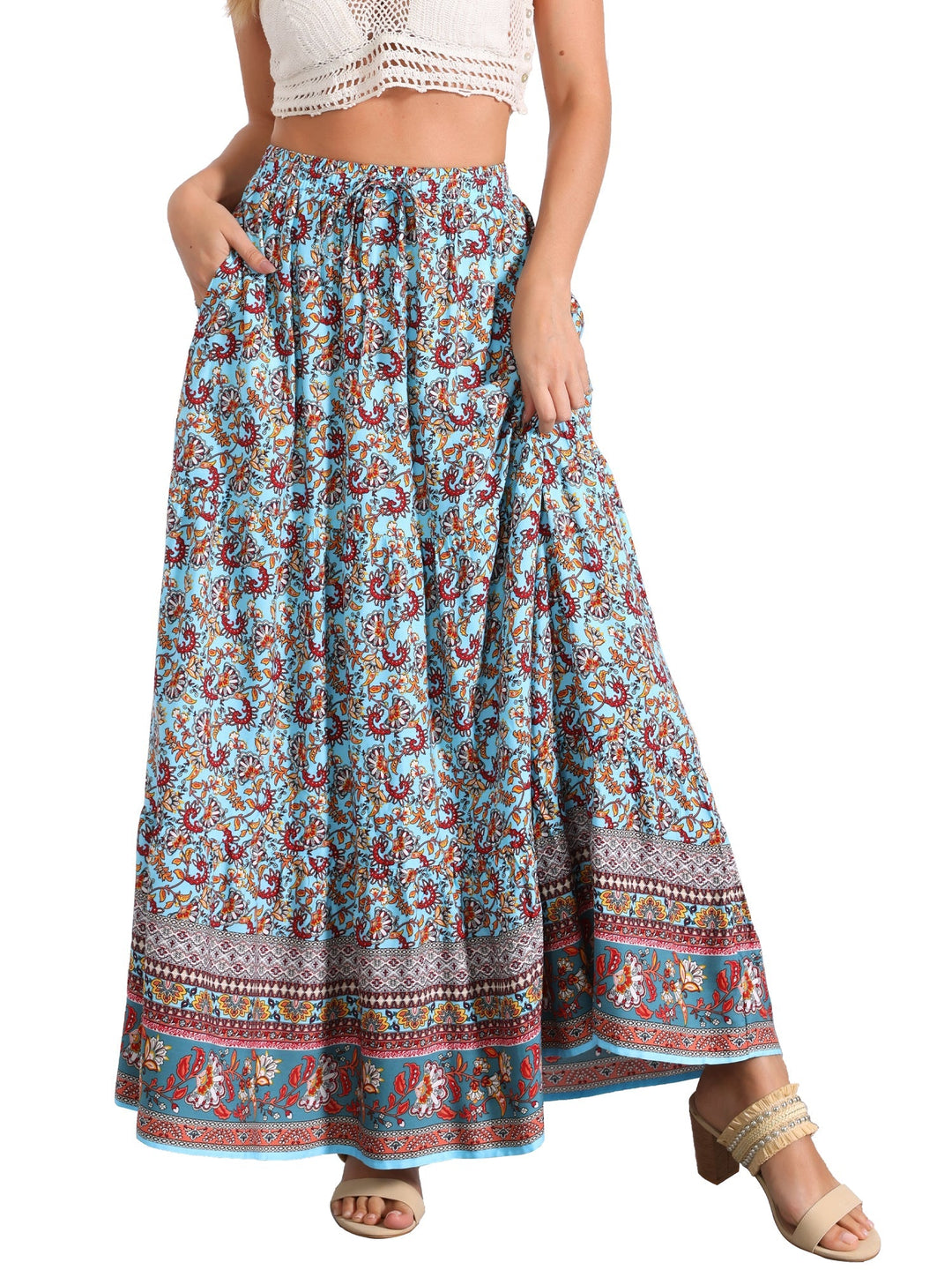 Women's high waist printed maxi skirt, effortless style with a flowing side slit.