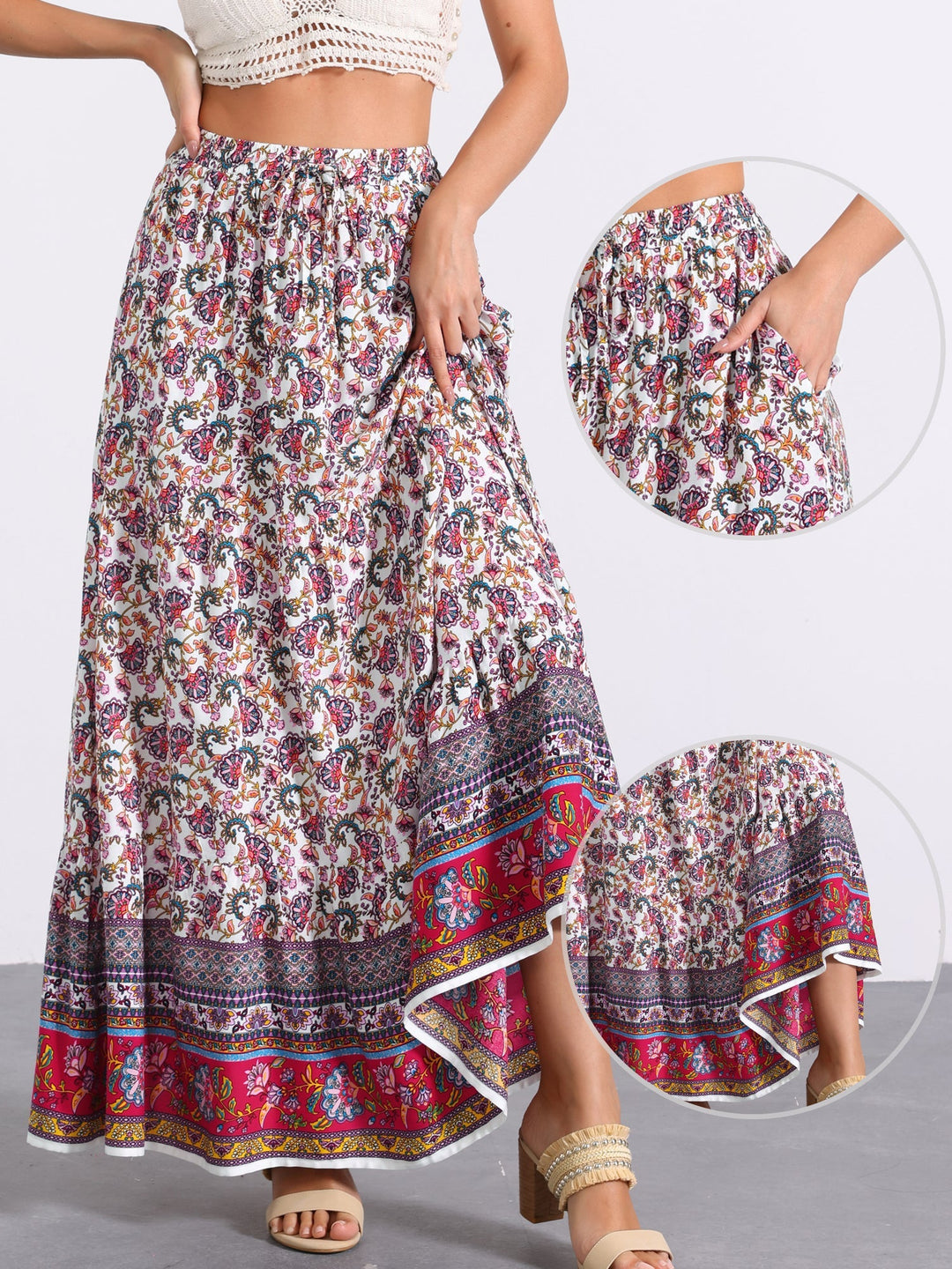 Women's fashion high waist printed maxi skirt, flowing side slit detail enhances charm.