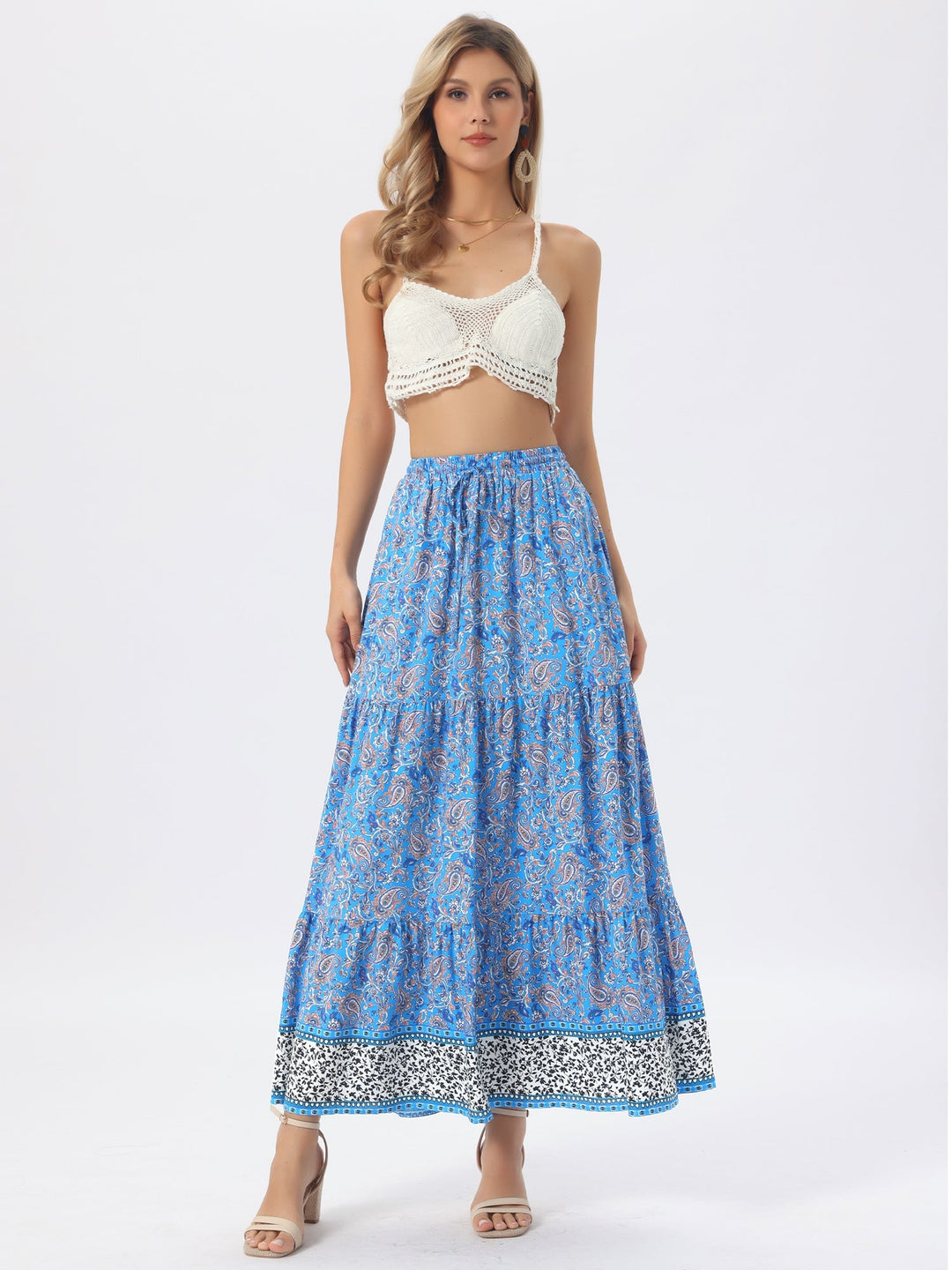 Casual printed maxi skirt, women's high waist with a flowing side slit, perfect for outings.