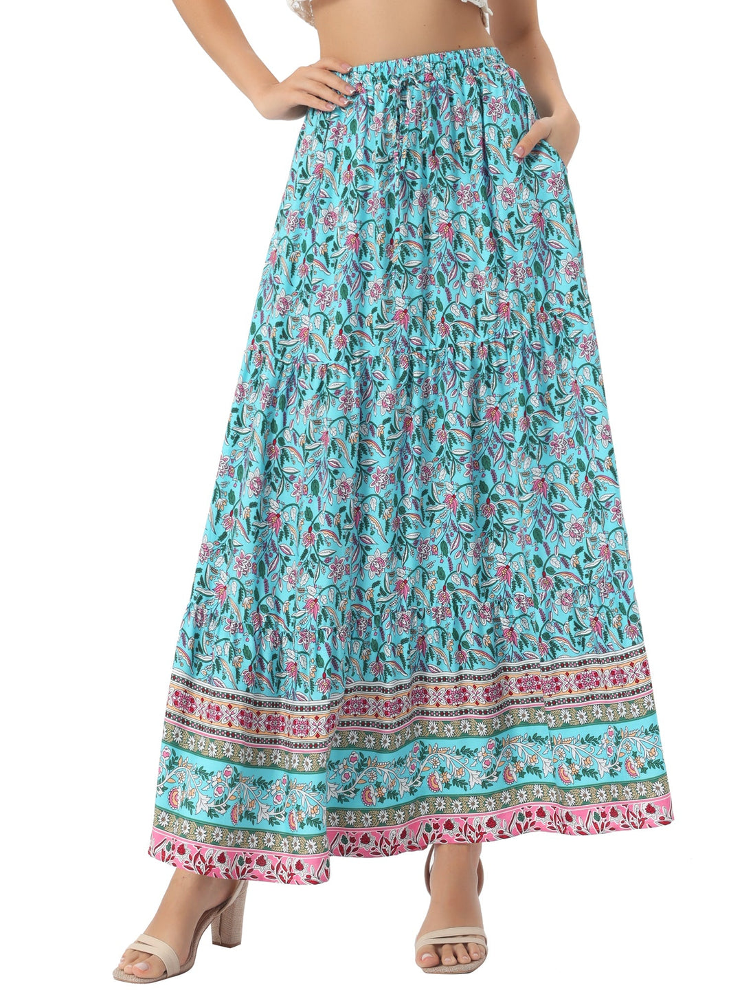 Vacation women's high waist printed maxi skirt, flowing side slit for effortless beauty.