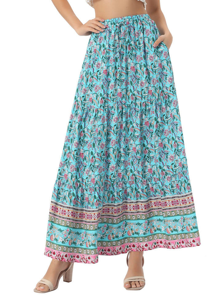 Vacation women's high waist printed maxi skirt, flowing side slit for effortless beauty.