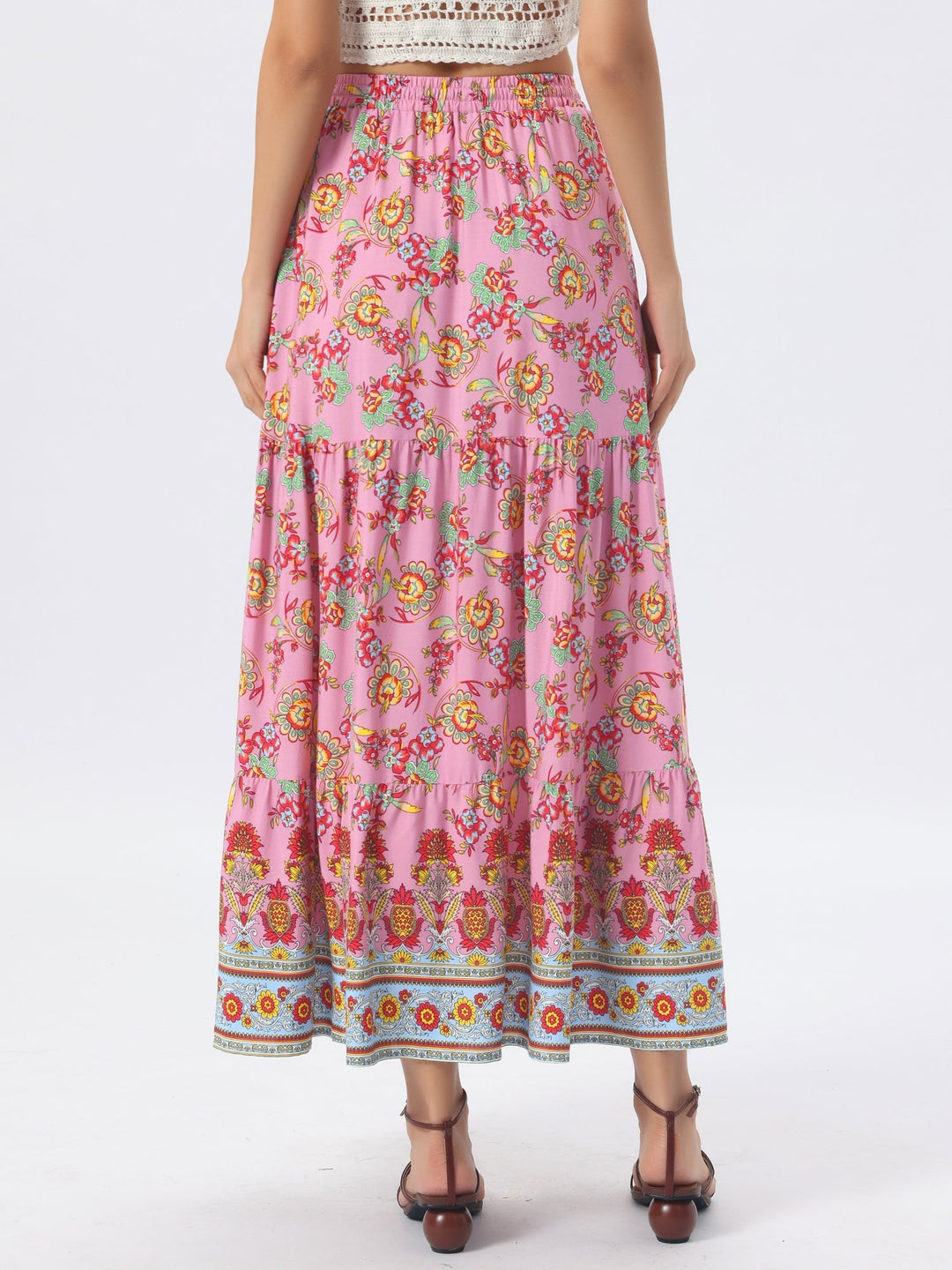 Women's fashion high waist printed maxi skirt, flowing side slit for graceful movement.