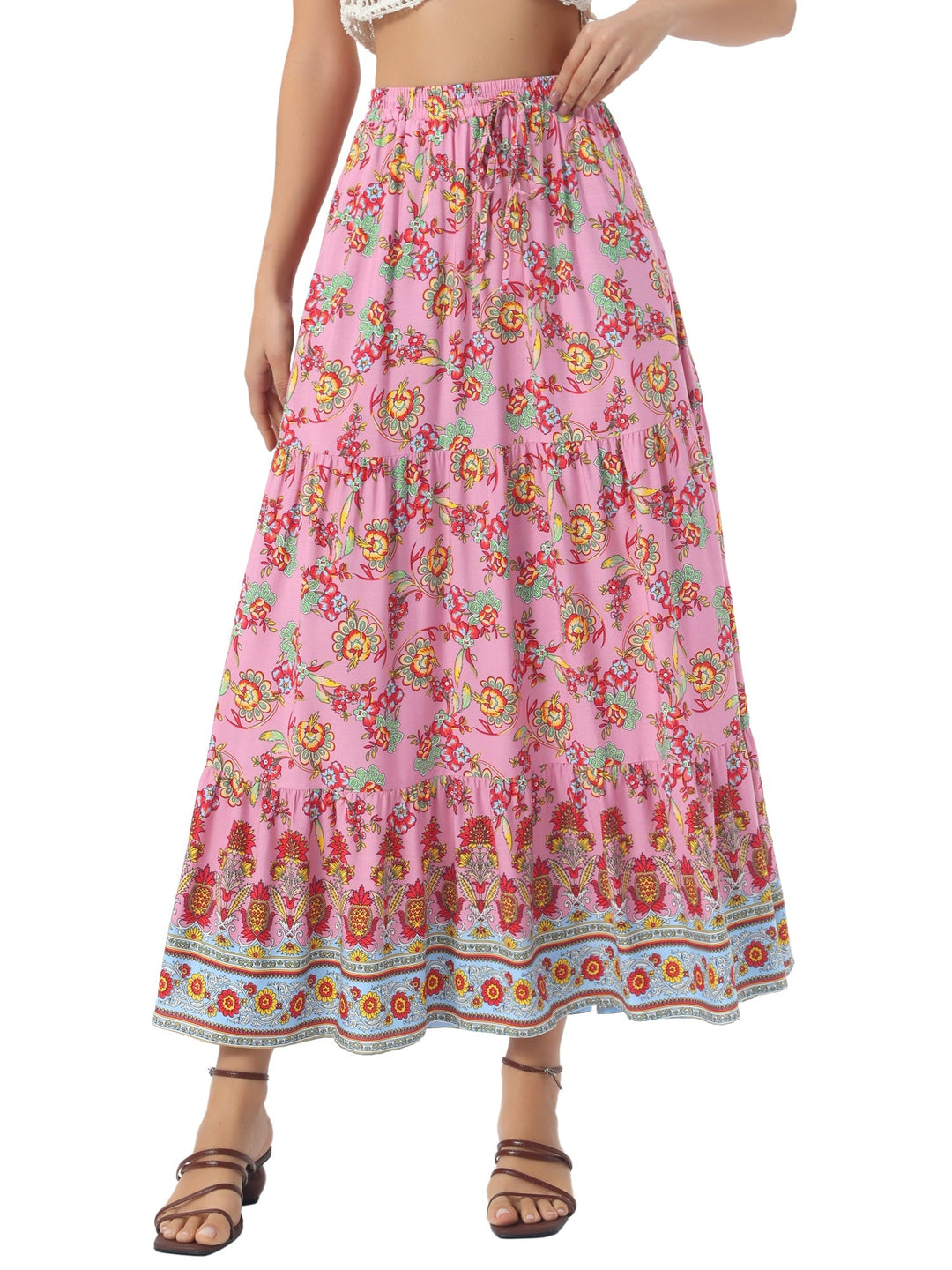 Effortless summer high waist printed maxi skirt, women's flowing side slit for comfort.