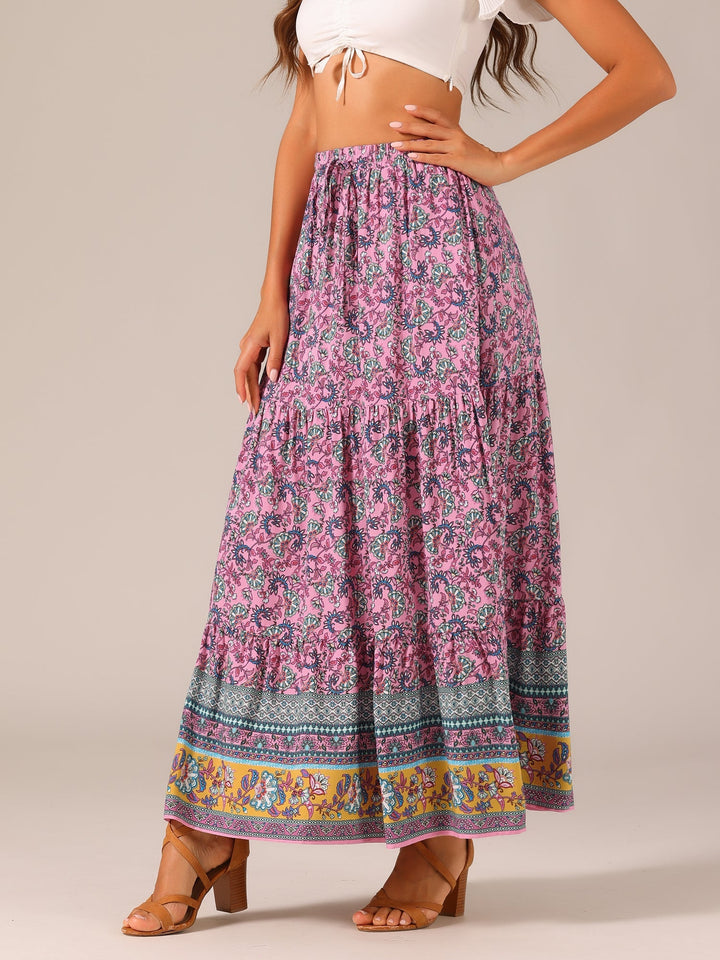 Casual high waist printed maxi skirt for women with a comfortable flowing side slit.